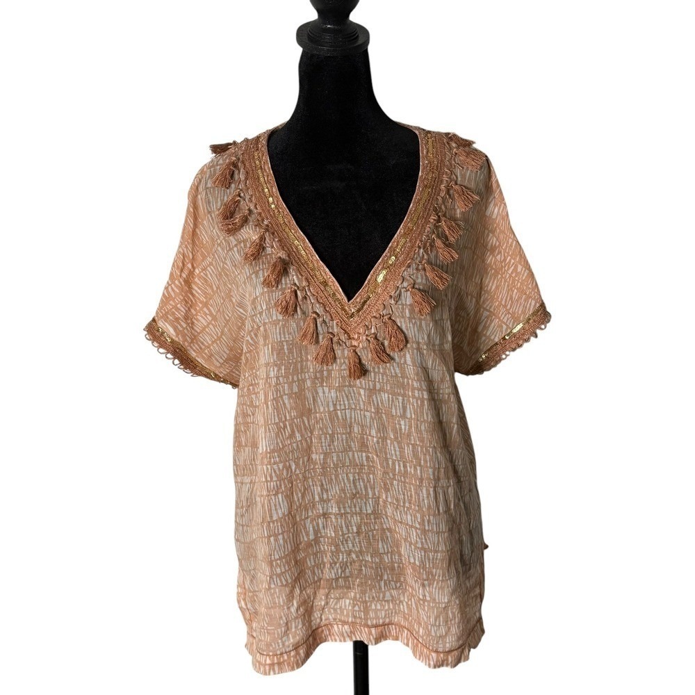 J. Crew BOHO Tassel V Neck Top Women's 8 Sheer Sequin Short Sleeve Abstract